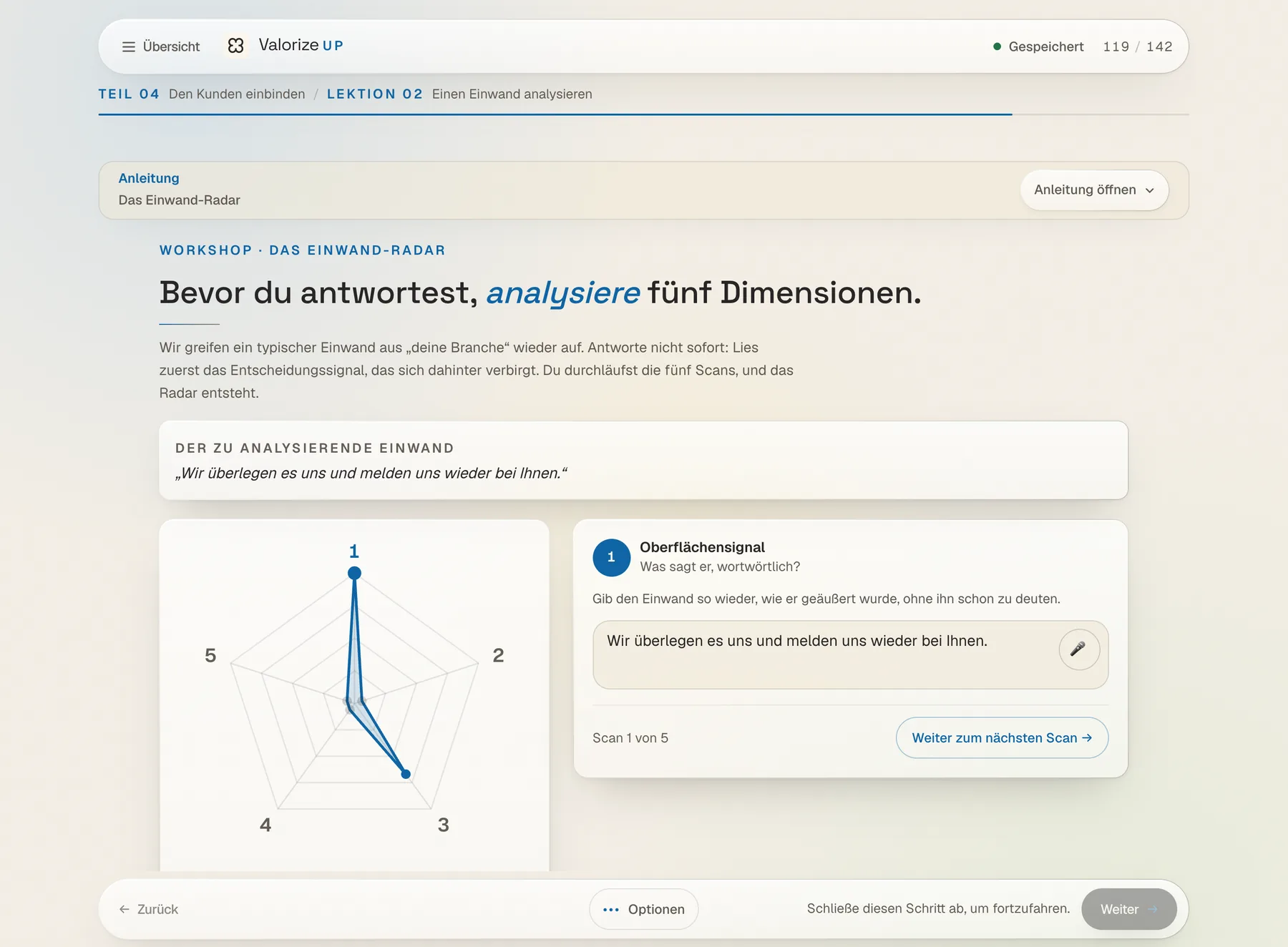 Das Modul Value Drive: die Werkstatt „Einwand-Radar“, mit dem zu analysierenden Einwand und dem Radar mit fünf Dimensionen.