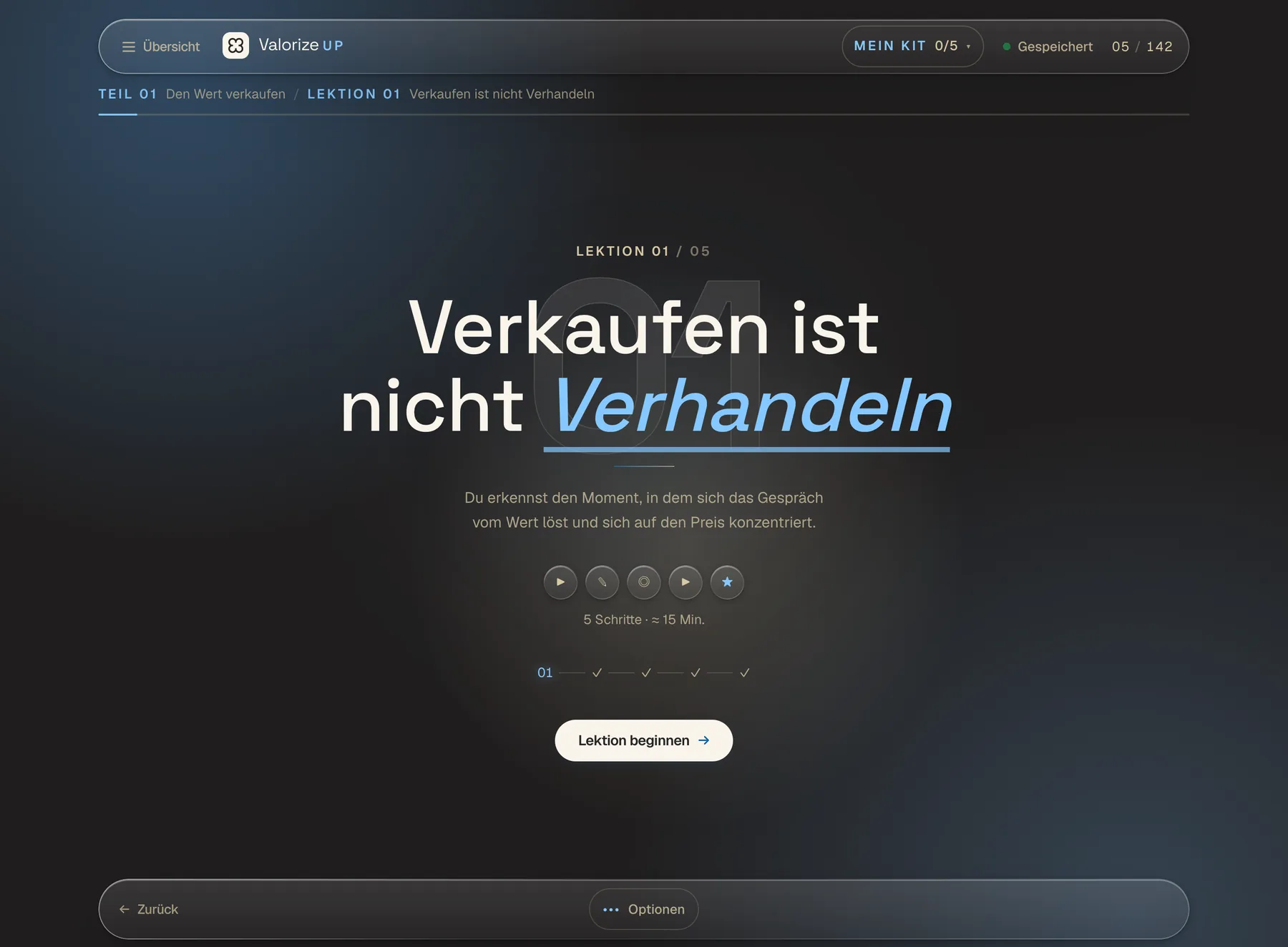 Das Modul Value Drive: der Auftakt einer Lektion, „Verkaufen ist nicht Verhandeln“, mit ihren fünf Schritten.
