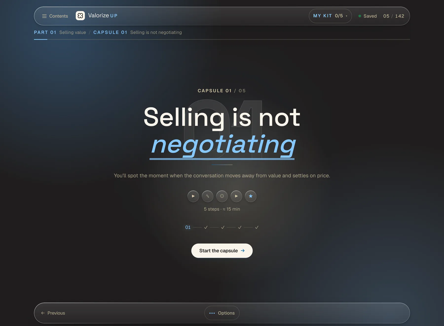 The Value Drive module: the opening of a capsule, “Selling is not negotiating”, with its five steps.
