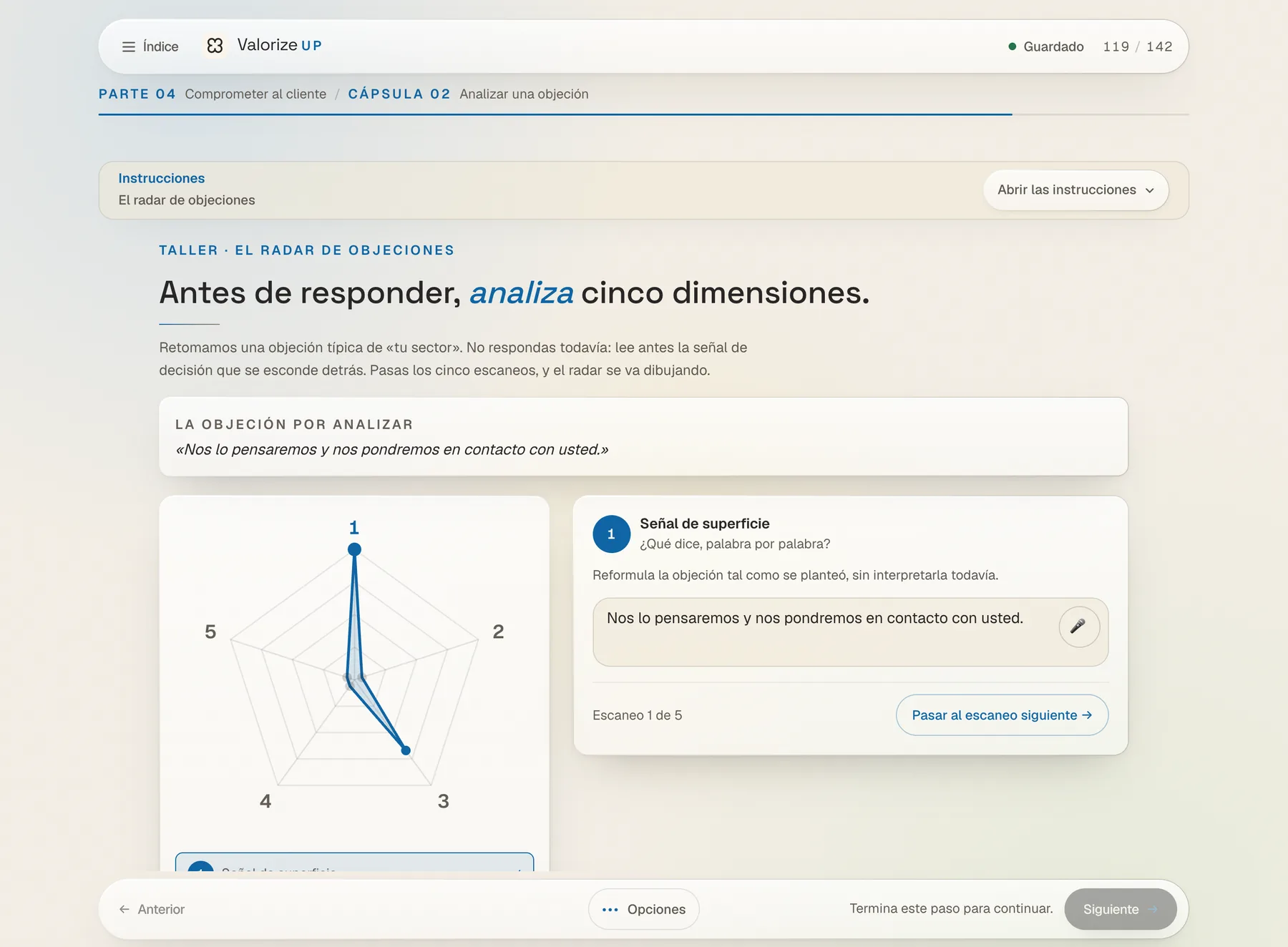 El módulo Value Drive: el taller del radar de objeciones, con la objeción por analizar y el radar de cinco dimensiones.
