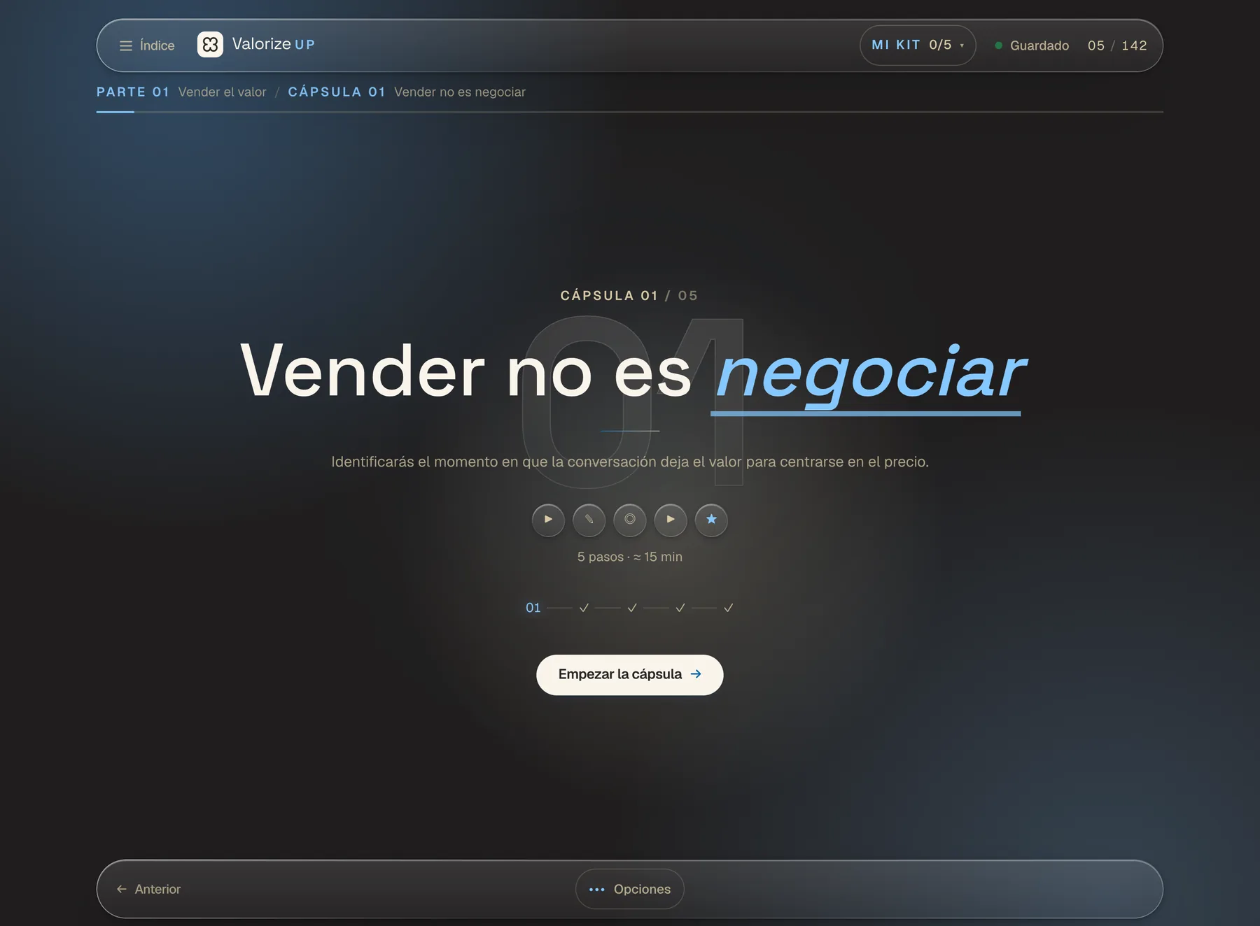 El módulo Value Drive: la apertura de una cápsula, «Vender no es negociar», con sus cinco etapas.