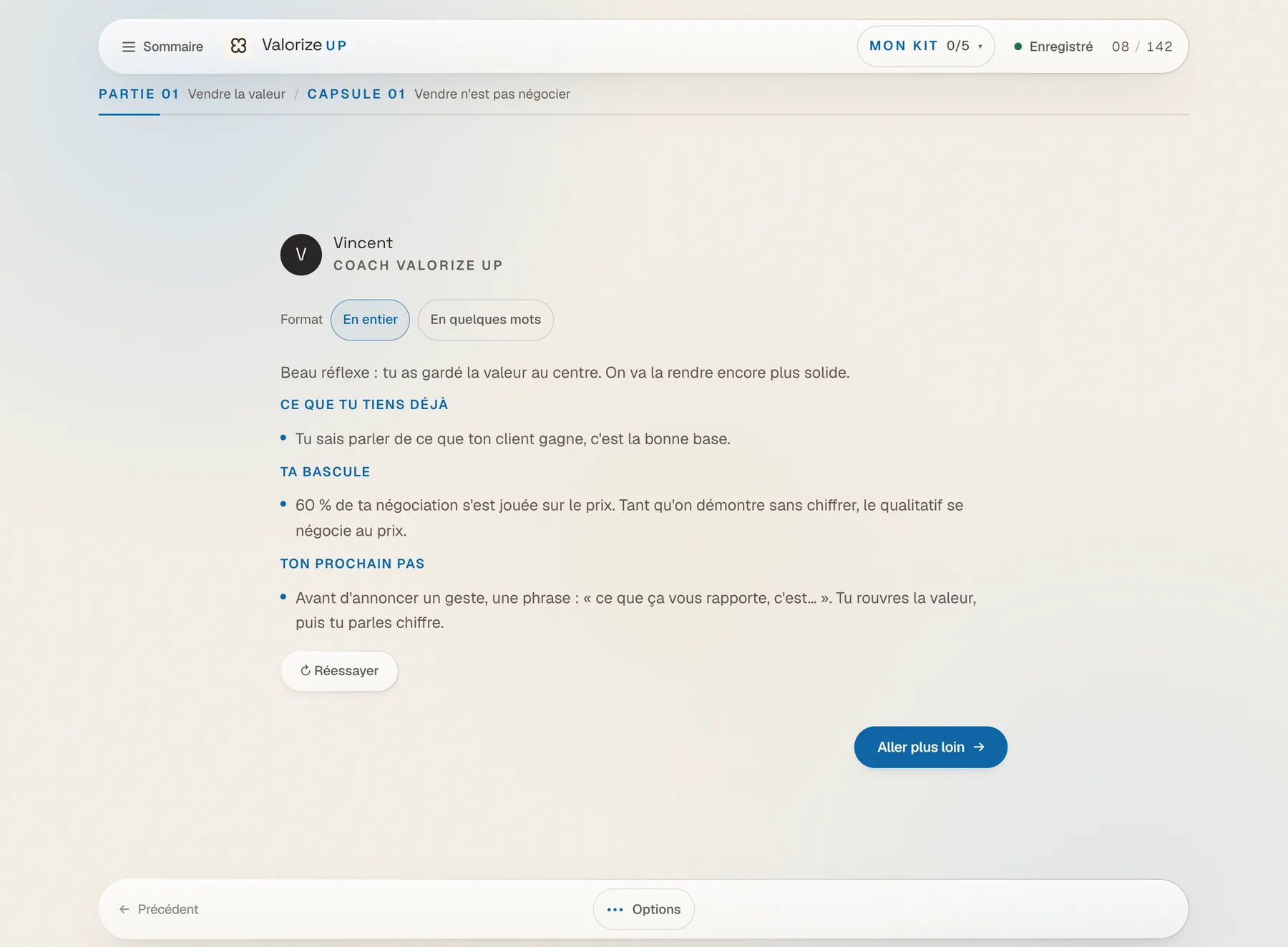 Le module Value Drive : la réponse du coach, avec ce que vous tenez déjà, votre bascule et votre prochain pas.