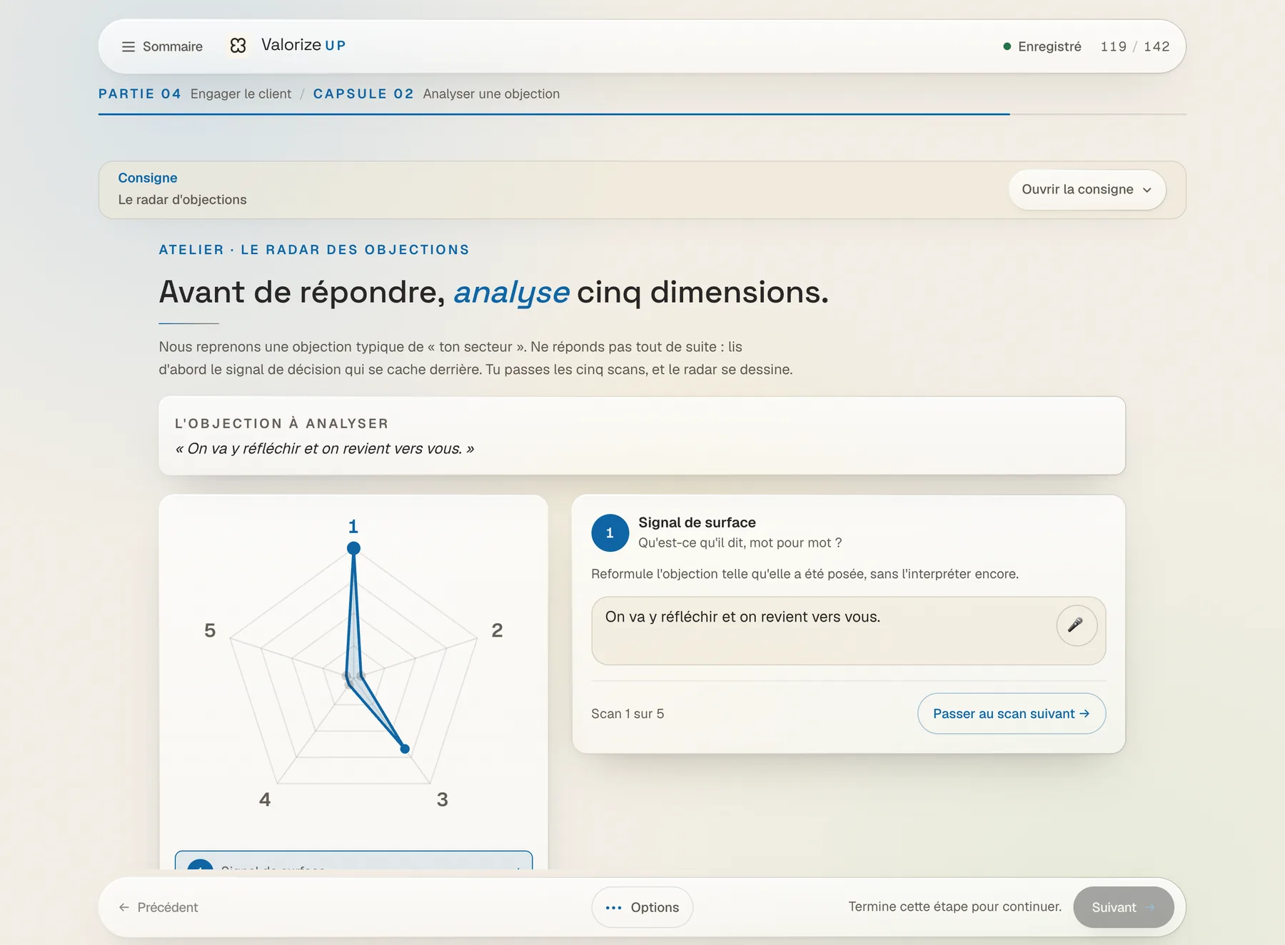 Le module Value Drive : l'atelier « radar des objections », avec l'objection à analyser et le radar à cinq dimensions.