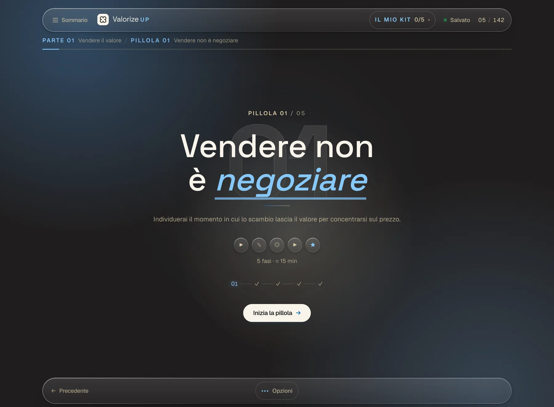 Il modulo Value Drive: l'apertura di una pillola, «Vendere non è negoziare», con le sue cinque tappe.